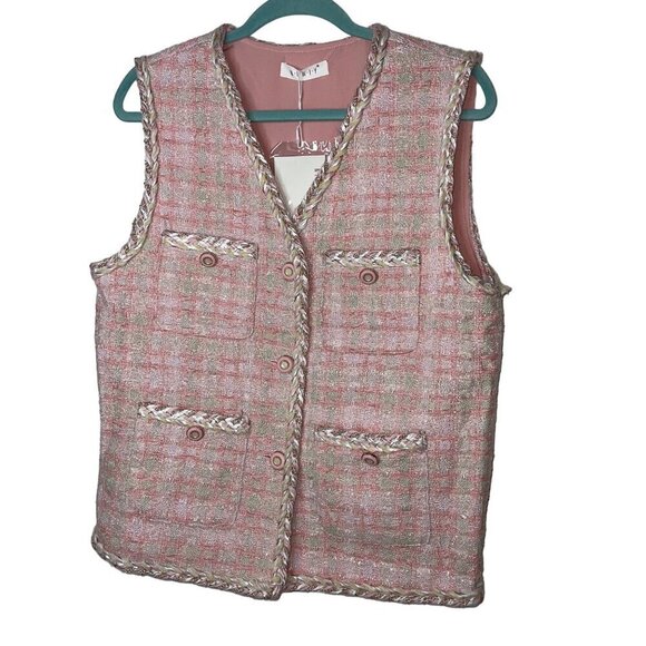 Niwiy Womens Vest Size Large Pink Tweed Pockets Button Up V Neck Sleeveless - Picture 1 of 10